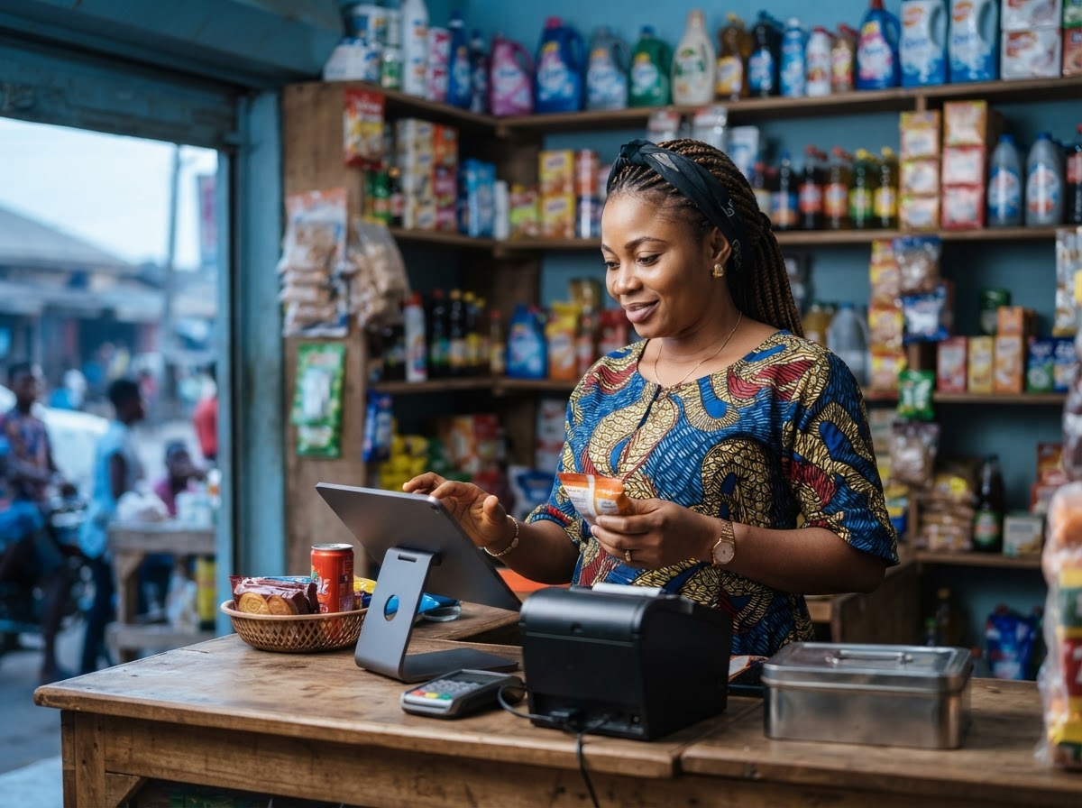 A shop owner in Warri ringing up a sale on a tablet till